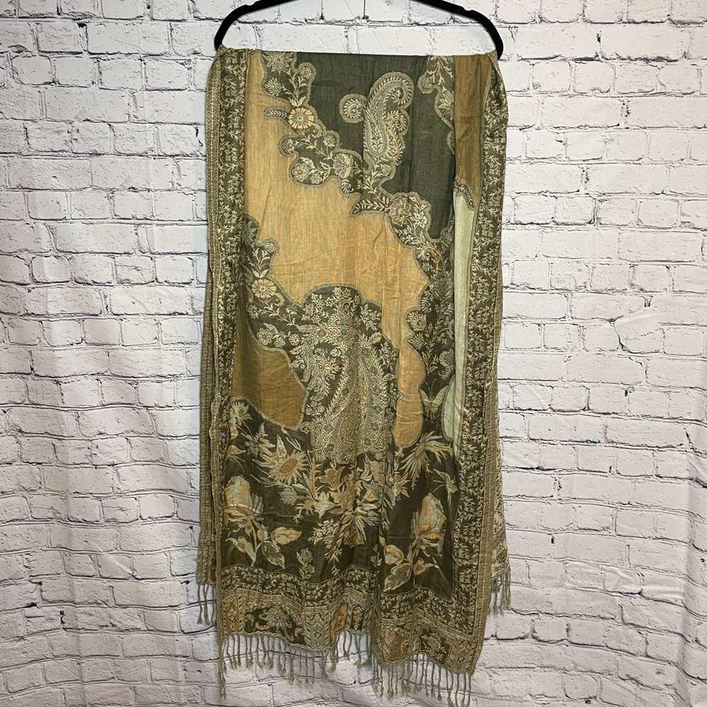 Bohemian Soft Silky Reversible Paisley Shawl Scarf With Fringe Brown, Oranges